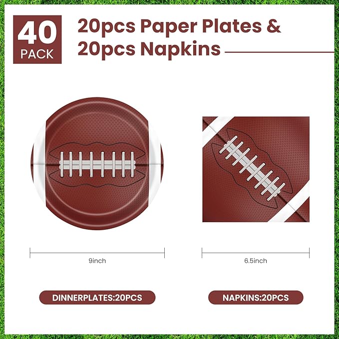 40 Pcs Football Plates and Napkins Party Supplies, 20 9" Disposable Paper Plates and Napkins, Modern Football Theme Tableware Set for Kids Birthday Party, Baby Shower, Serves 20