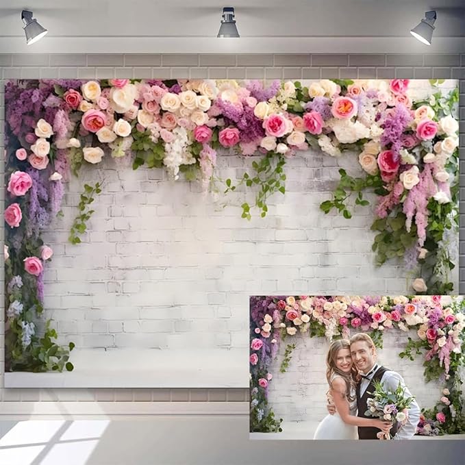 6x4ft Retro White Brick Wall Floral Backdrop Romantic Roses Vine Leaves Photography Background Girls Birthday Party Wedding Bridal Shower Flowers Brick Wall Decoration Supplies Photo Booth Props