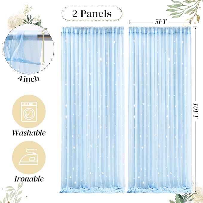 10ft x 10ft Blue Backdrop Curtain with Lights String for Parties, Sheer Tulle Wedding Photo Backdrops Drapes for Baby Shower Birthday Party Decorations Background for Photography