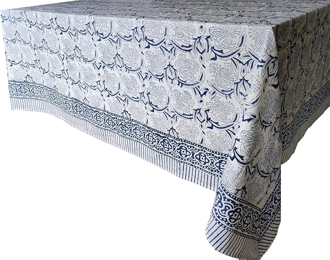 ATOSII ‘Santorini’ 100% Cotton Fall Tablecloth, Handblock Print Blue Square Table Cloth for Kitchen I Dining Table Linen I Parties Wedding Christmas Thanksgiving I Fall Decor 60 X 60 Inches