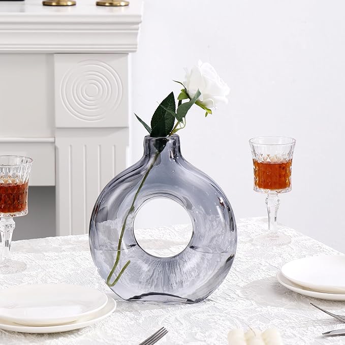 Glass Donut Vase, Grey Glass Vase, Flower Vase, Decorative Vase, Modern Vase, Round Glass Vases for Home, Living Room, Dining Table, Entryway, Mantle, Shelf, Wedding, Office, Coffee Table
