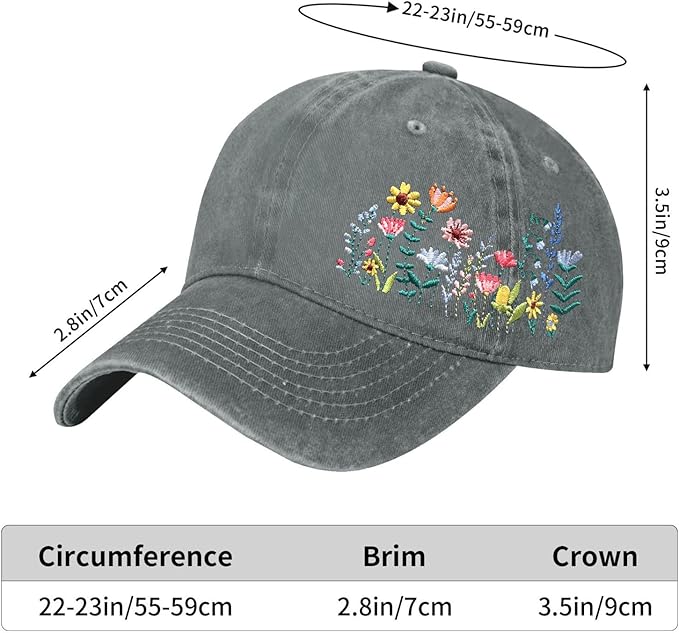 Cute Flower Hat, Elegant Floral Embroidered Adjustable Baseball Cap for Men Women, Gifts for Flower Lovers, Black