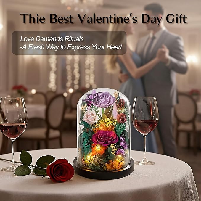 Preserved Rose with Butterfly, LED Forever Flowers in Glass Dome, Eternal Flowe for Women, Birthday Gifts for Mom Friend, Includes Greeting Card & Luxury Gift Box (Purple)