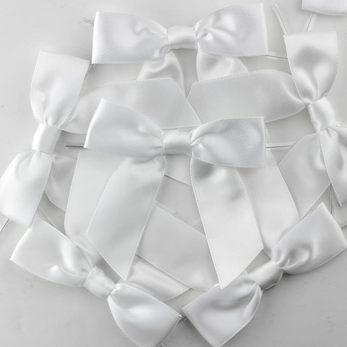 7Rainbows 30pcs Boutique 3.5" White Satin Ribbon Twist Tie Bows for Tying Up Packages Gift Wrapping