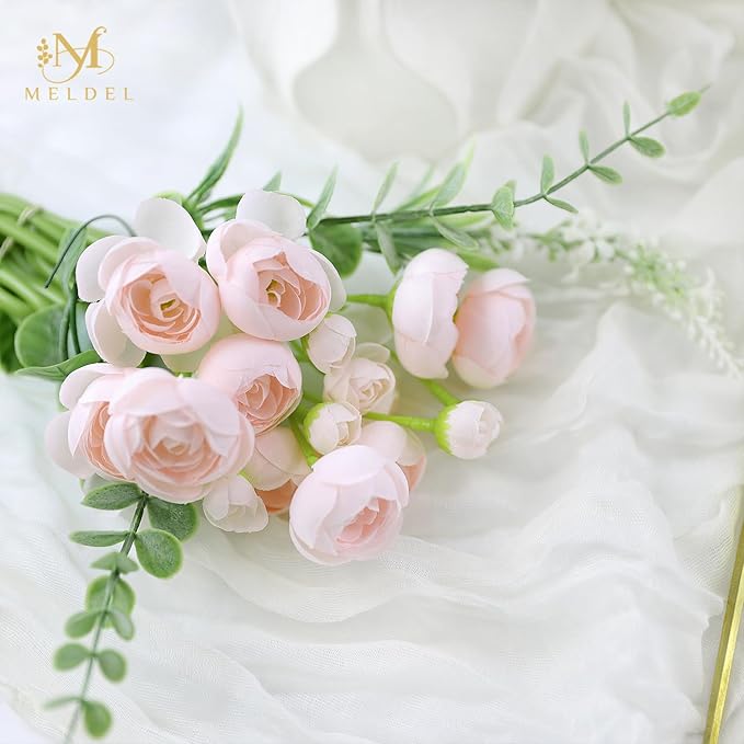 Meldel 32Pcs Ranunculus Artificial Flower, Faux Silk Mini Ranunculus Flowers for DIY Bouquet, Bulk Fake Peony Wedding Filler Flowers for Centerpieces Arrangements Bridal Shower Decorations Light Pink