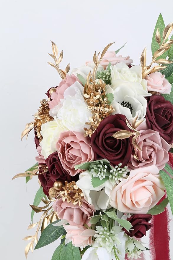 9 Inch Artificial Wedding Bouquets for Bride Bridal Bouquet Bridesmaid Bouquet Tossing Bouquet for Wedding Ceremony Anniversary Bridal Shower(Marsala & Blush)
