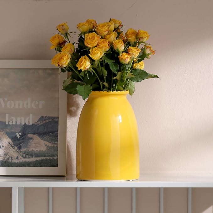 hjn Yellow Flower Vase- Ceramic Vase for Decor, Decor vase for Flowers, Modern Vases for Living Room/Home Decor Accents/Entryway/Mantel/Bookshel-Yellow