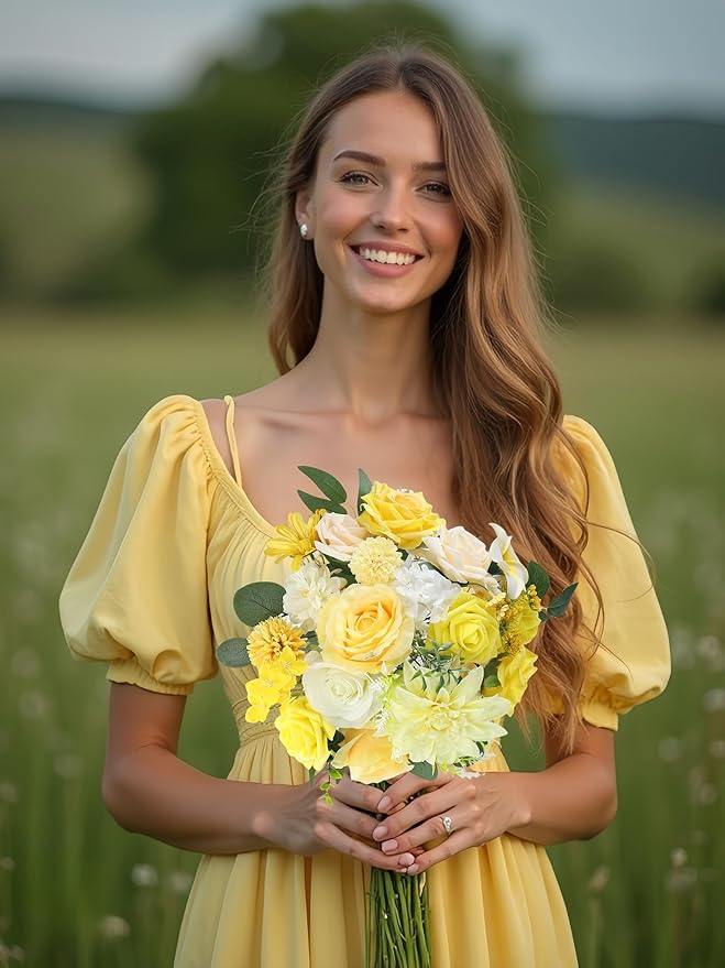 Multi Use Artificial Flowers Combo for DIY Centerpieces Arrangements Wedding Bridal Bouquet Table Chair Decor Candle Holder Baby Shower Cake Decor Flower Strips Home Décor (Yellow)
