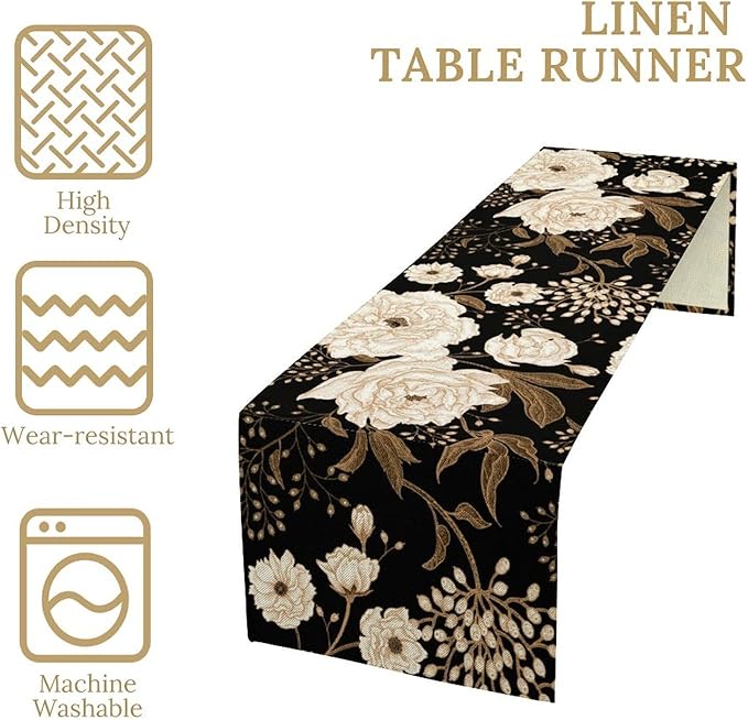 Black Gold Floral Table Runner, Retro Peony Rose Flowers Oriental Style Gothic Garden Print Table Runner for Farmhouse Kitchen Indoor Outdoor Decoration, 13x70inch