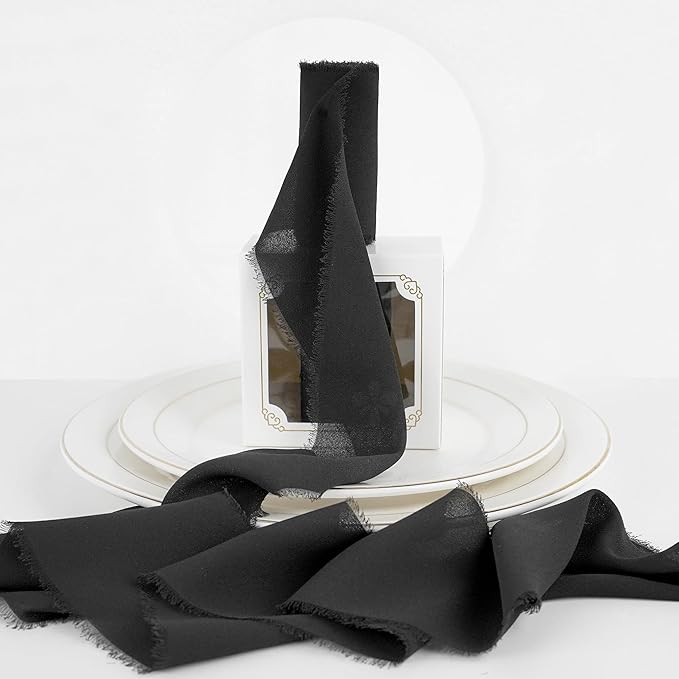 MEEDEE Black Chiffon Ribbon 3 Inch Frayed Ribbon Chiffon Silk Ribbons Black Fringe Wide Chiffon Ribbons for Crafts, Flower Bouquet, Wedding Favors Wrapping (2 Rolls 10 Yards)