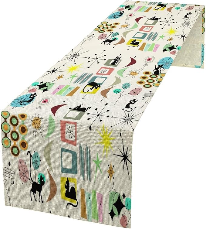 Colorful Geometric Table Runner,Vintage Mid Century Cute Cat Abstract Morden Print Tablecloth Burlap for Hotel Indoors Outdoor Dining Room Kitchen Home Decor, 13x80in