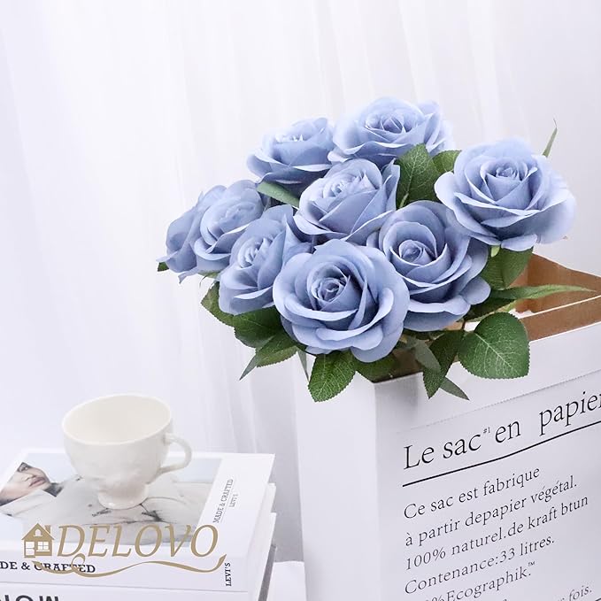 52pcs Dusty Blue Roses Artificial Flowers Fake Flowers Silk Roses with Stems for DIY Wedding Bouquets Bridal Shower Centerpieces Arrangements Party Decorations