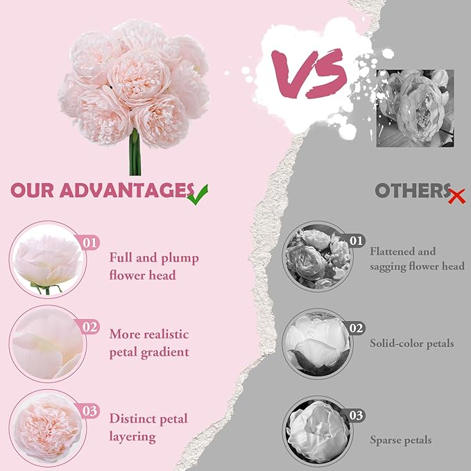 10PCS Pink Realistic Artificial Flowers Peony Fake Silk for Home Office Wedding Table Centerpieces Party Festival Bar Decoration Indoor