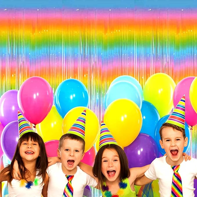4 Pack Rainbow Tinsel Foil Fringe Curtain Backdrop, 3.28Ft x 8.2Ft Colorful Metallic Streamers for Photo Booth Props Wedding Bridal Shower Bachelorette Birthday Easter Christmas Party Decoration