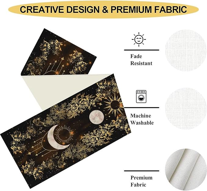 Boho Floral Table Runner, Spring Gothic Moon Phase Wildflower Mystical Witchy Farmhouse Coffee Table Center Decor for Home Kitchen Dining Patio Holiday Party Table Decorations 13x108 inches