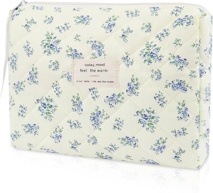 Floral Makeup Bag, Small Cosmetic Bag for Women Girls, Cute Cotton Makeup Bag, Quilted Makeup Bags, Flower Travel Toiletry Organizer Bag(LSHH)