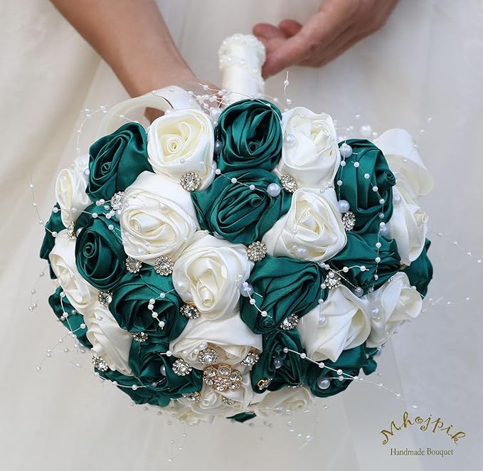 Bridal Wedding Bouquet Round Bling Brooch Bouquet Throw Toss Artificial Rose Flower Bunch for Bride Bridesmaid Wedding Quinceanera(Dark Green & Ivory, 9.8")