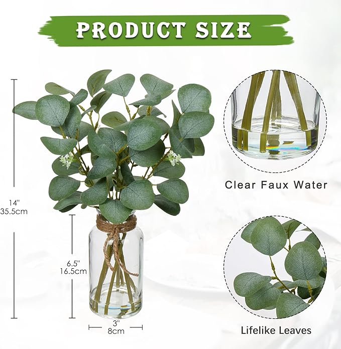 Briful Artificial Eucalyptus Stems in Glass Vase with Faux Water, 14" Fake Plant Eucalyptus Leaves for Home Bathroom Office Farmhouse Wedding Centerpiece Décor