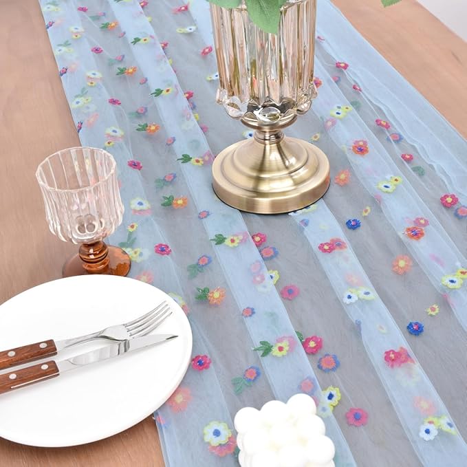 Joanlody Blue Embroidery Daisy Christmas Table Runner Florals Seasonal Tulle Table Runner Holiday Kitchen Dining Table Decoration Wedding Party