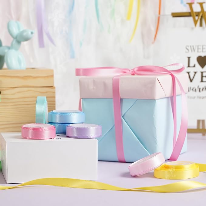 MEEDEE Pastel Rainbow Ribbon Assortment Satin Rainbow Colored Ribbon 3/8" X 50 Yards for Crafts, Gift Wrapping, Party Decoration, DIY Handmade Hair Bows