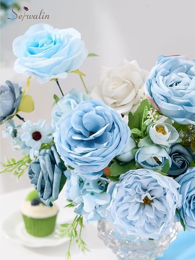 Serwalin Artificial Flowers,Blue Silk Fake Flowers Box for DIY Wedding Bridal Bouquet, Wedding Cake Flowers for Table Centerpieces Birthday Party Bridal Shower Home Decorations