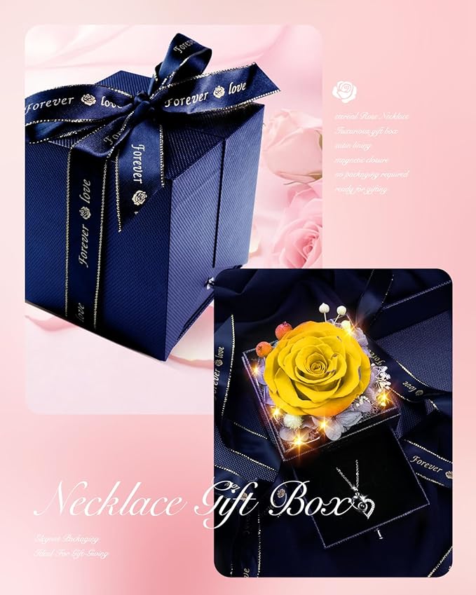 Birthday Gifts for Women, Preserved Real Roses with Heart Necklace I Love You in 100 Languages, Romantic Anniversary Wedding Gifts for Women Her Girlfriend Wife, Forever Roses Necklace Gift Box Yellow