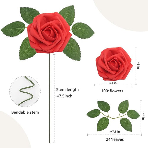100Pcs Red Artificial Flowers Red Roses Real Looking Foam Fake Roses with Leaves and for DIY Wedding Bouquets Bridal Shower Centerpieces Party Decorations (Red, 100)
