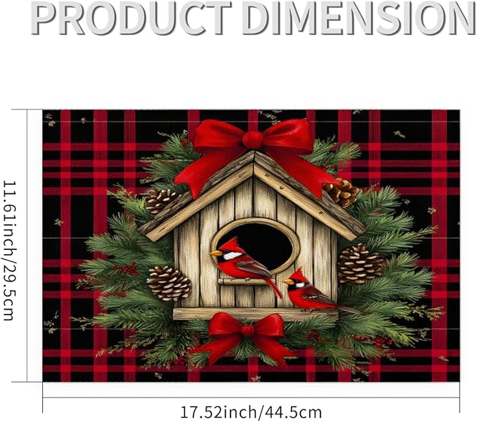 Christmas Art Waffle Cardinal Placemats Set of 6 PVC Vinyl Non Slip Table Mats Heat Resistant Place Mats Washable Wipeable Dining Table Mat for Kitchen Decor Party Indoor Outdoor Decorative Gift