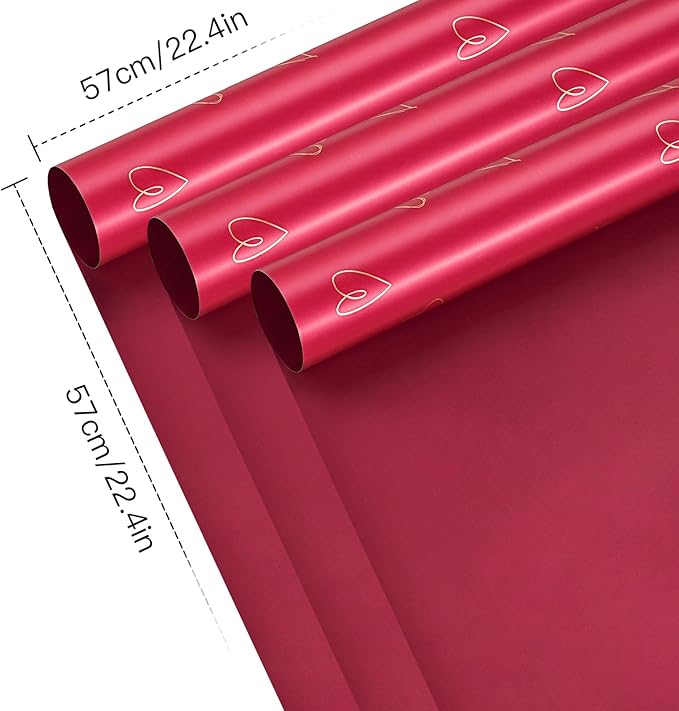 LeZakaa 20 Sheets Valentine Flower Wrapping Paper, Red with Gold Heart Pattern Waterproof Floral Bouquet Paper, for Christmas, Valentines, Mothers Day, Party, Romantic Birthday, Wedding, Anniversary