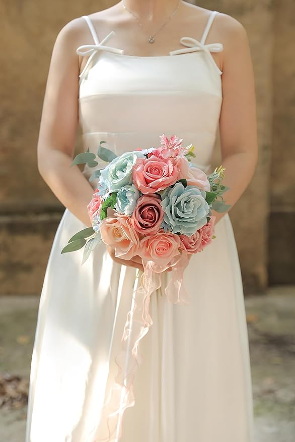 Blue Pink Artificial Flowers Combo Set Fake Flower Leaf Box with Stemst for DIY Wedding Bridal Bouquet, Centerpieces, Home Decor, Floral Arrangement Decor