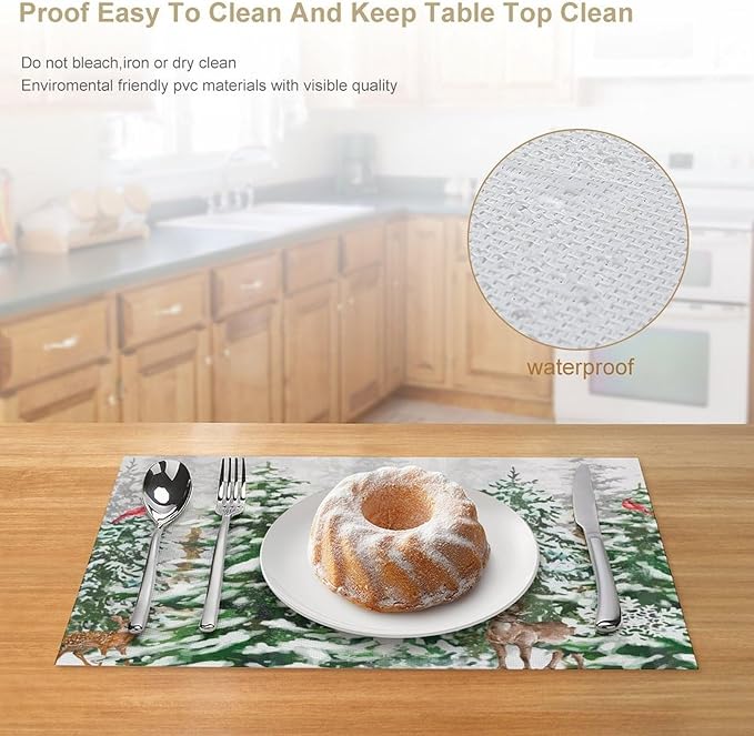 Winter Snowy Forest Placemats Christmas Pine Tree Snowflake Holiday Bath Rustic Christmas Tree Placemats Table Kitchen Dining Party 12x18 Inch Set of 4