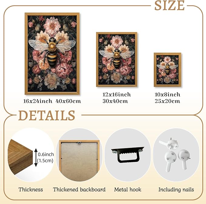 LLEEMPI William Morris Wall Art, Vintage Bee Floral Wall Decor, Insect Flower Canvas Painting, Abstract Nature Botanical Poster Print for Living Room Bedroom Kid Room Hallway Wood Framed 12x16 inch