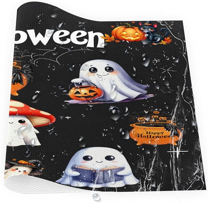 Halloween Ghosts Pumpkin Cute Placemats Set of 6 PVC Vinyl Non Slip Table Mats Heat Resistant Place Mats Washable Wipeable Dining Table Mat for Kitchen Decor Party Indoor Outdoor Decorative Gift