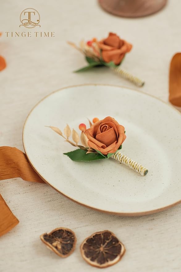 TINGE TIME Boutonniere for Men Wedding,Groom and Best Man Boutonniere for Wedding Ceremony Anniversary, Formal Dinner Party and Rustic Spring Wedding Marriage (2, BurntOrange)
