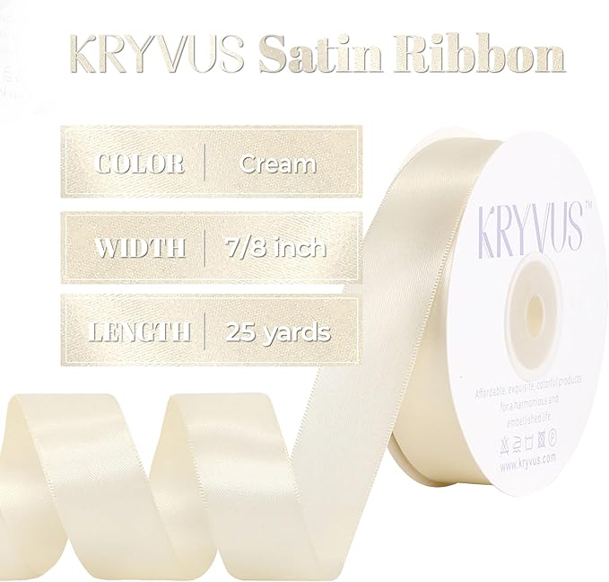 Premium Double Faced Satin Cream Ribbon, 7/8 Inch X 25 Yards, Perfect for Gift Wrapping, Crafts, Wedding Decor