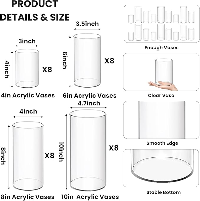 32 Pack Plastic Vases, 4 6 8 10 Inch Tall Acrylic Cylinder Vase Bulk Hurricane Candle Holder Large Clear Cylinder Plastic Vases for Centerpiece Flowers Wedding Party Home Office