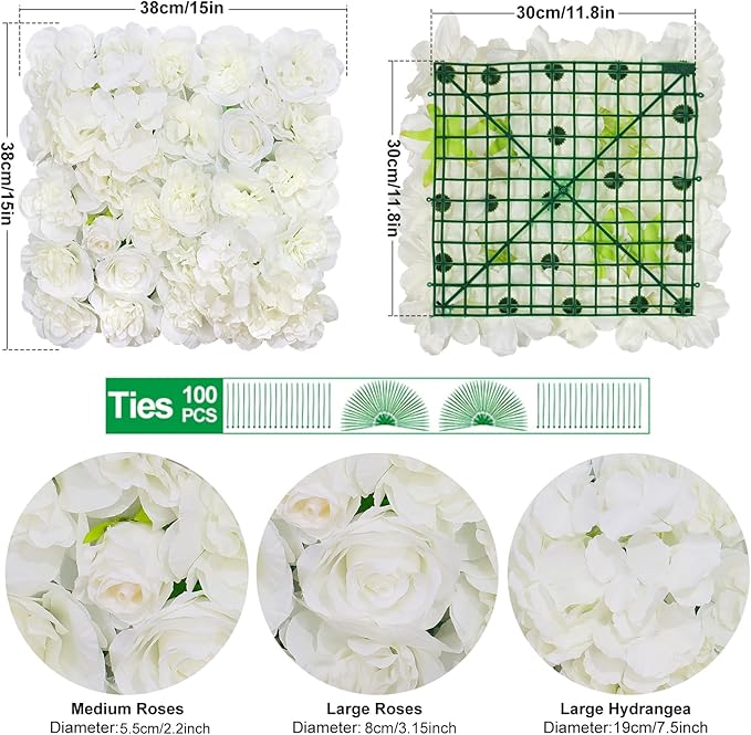 Silk Flower Wall Panels Backdrop 15 * 15inch- 12Pcs Wedding Wall DIY 3D Floral Panels Handmade Fake Flower Screen for Photo Photography Party Event Baby Shower Wall Background Décor-White