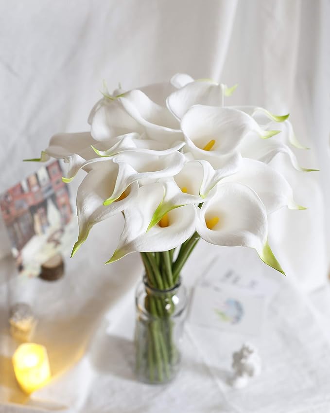 DuHouse 20Pcs Artificial Calla Lily Flower Real Touch Latex Flowers for DIY Wedding Bouquet Party Home Decor (White-Yellow Core)