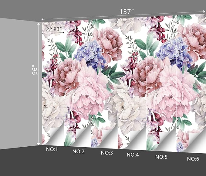Pink Peony Floral Wallpaper Bedroom Botanical Flowers Leaf murals Aesthetic Room Decor Living Room tv Background Large Wall Mural - 137"x96" Not Peel and Stick