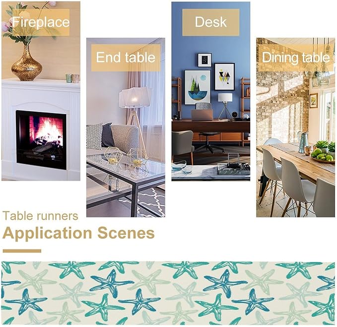 Starfish Plaid Table Flag Green Plaid and Marine Life Starfish Kitchen Table Flag Suitable for Birthday Party Restaurant Decoration Outdoor Picnic 13 * 60 Inch