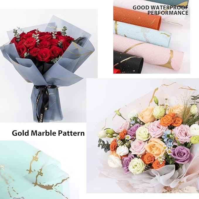 NESCCI 20 Sheet Flower Wrapping Paper - Waterproof Floral Bouquet Wrapping Paper, Florist Supplies Packaging Paper for Wedding Birthday Gift DIY (Marble Black)