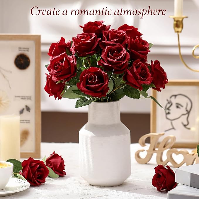 Hotop 20 Pcs Artificial Rose Flowers with Long Stem,Real Touch Silk Realistic Plastic Bouquet Roses Bulk for Home Decor Bridal Wedding Party Table Centerpieces Decorations(Wine Red)
