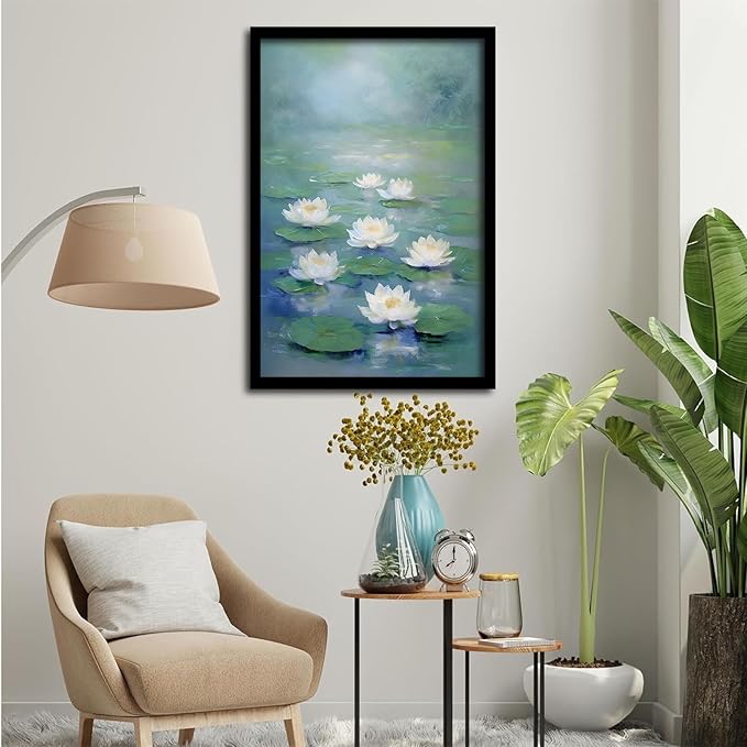 Zen wall art Delicate white lotus flower floating on calm water Vintage oil painting print Serene aquatic wall art creates a tranquil home decor 8x12in Metal blackFramed
