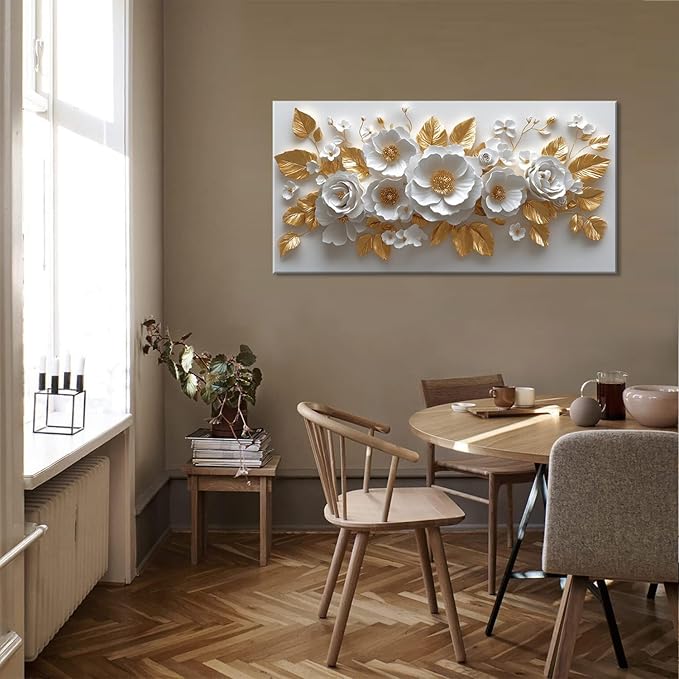 IDAFU Flower Wall Art White Foral and Golden Leaves Wall-décor White Wall Art Floral Painting Pictures for Living Room Bathroom Bedroom Kitchen Office Cuadros Decorativos Para Sala Decor 40L x 20W