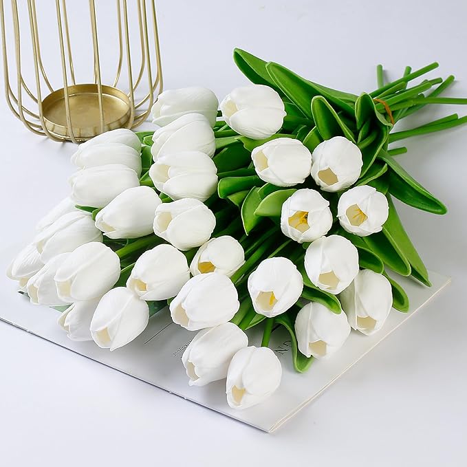 Sggvecsy 15 Pcs Fake Tulips Artificial Flowers Real Touch PU Faux Flowers Tulip Stems for Wedding Spring Bouquet Floral Arrangement Home Party Office Decorations for Mother's Day (White)