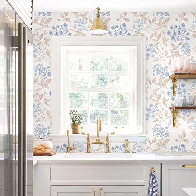 Heroad 17.3''x32.8ft Boho Floral Wallpaper Blue/Beige Peel and Stick Wallpaper Neutral Leaf Contact Paper Removable Self Adhesive Wall Paper for Cabinet Bedroom Bathroom Waterproof Decor Vinyl Roll