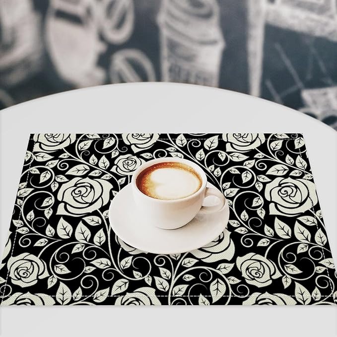 Retro Flowers Placemats Set of 6, 17x12 Inch Modern Aesthetic Black White Florals Leaves Art Print Table Mats for Home Party Kitchen Dining Decor