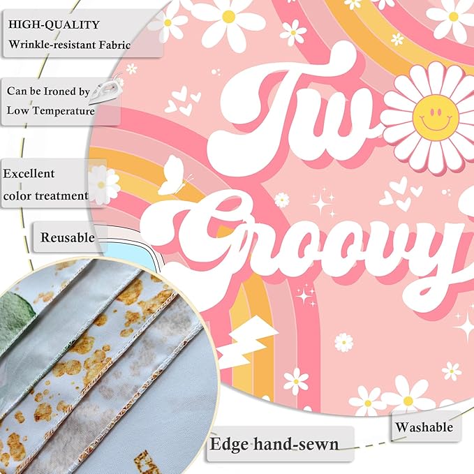 Two Groovy 2nd Birthday Backdrop for Girls Daisy Flower Boho Rainbow Photography Background Retro Hippie Peace Love Second Birthday Party Decorations Banner Supplies Photo Booth Props 7x5ft