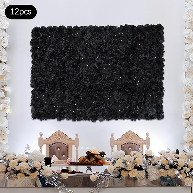 12 Pcs Artificial Flower Wall Panels, 15 x 15 Inch Floral Backdrop Silk Flower Wall Decor, 3D Black Hydrangeas Dahlias Roses Panels Background for Wedding Party Baby Shower
