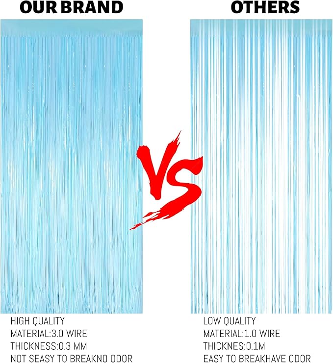 Keyali 2 Pack 3.3 * 8.3 ft Foil Curtain Metallic Tinsel Fringe Curtains Photo Booth Props Backdrop for Birthday Wedding Engagement Baby Shower Christmas Holiday Celebration Party，Macaron Light Blue